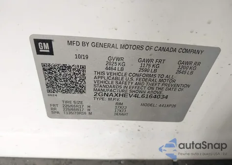 2020 Chevrolet Equinox Fwd Ls из США, поврежденный, VIN 2GNAXHEV4L6164034